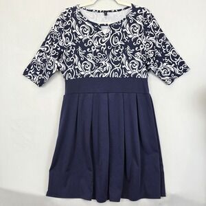 Cocoepps Dress Fit Flare Pleated Women 2XL Blue White Keyhole Midi Stretchy